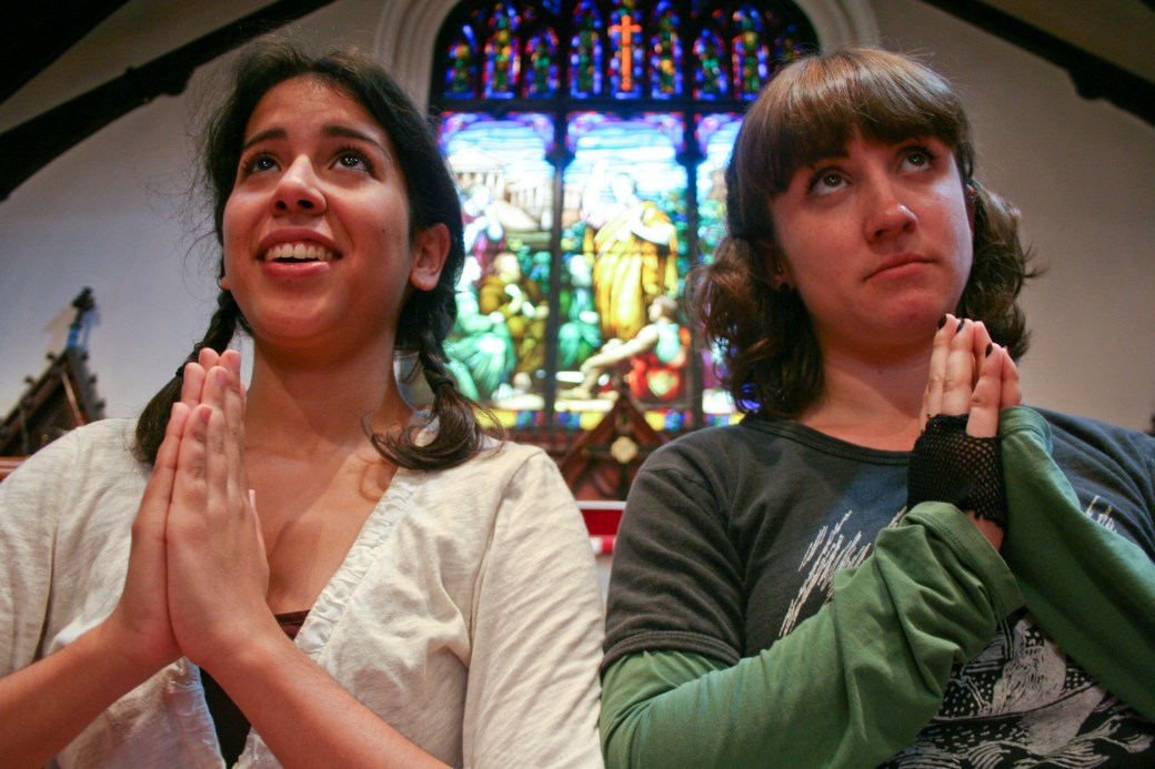 Karina Palmitesta and Sarah 'Tich' Wilson in Oh My God, on location at St. Paul's Anglican Church.